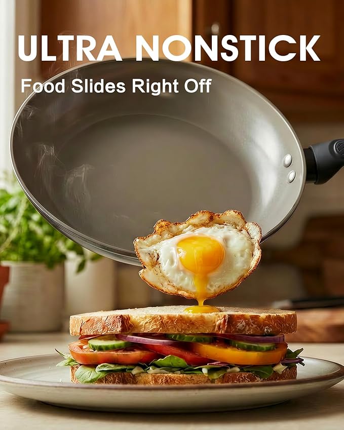 9.5 Inch Nonstick Frying Pan Skillet, Ceramic Frying Pan, Non Toxic Healthy Ceramic Coating, Suitable for All Stovetops, PTFE PFOA PFOS Free, Black
