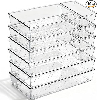 10 Pack Large Drawer Organizer Bins - Clear Plastic Bathroom Drawer Organizer Trays - Heavy Duty Kitchen Drawer Dividers for Utensils - Non-Slip Storage Bins for Makeup, Bedroom, Office Desk