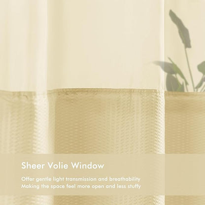 Mrs Awesome No Hook Shower Curtain with Snap-in Liner Less Time On/Off, Embossed Waffle-Look Textured Fabric Shower Curtain for Bathroom, Soft & Lightweight, 71x74, Beige