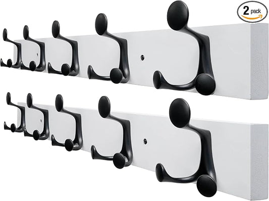 SKOLOO 24-Inch White Wood Coat Rack Wall Mount with 5 Triple Hooks - Ideal for Family Entrances, Classrooms, and Pet Supplies Storage - Perfect Coat Hooks for Wall, Pack of 2