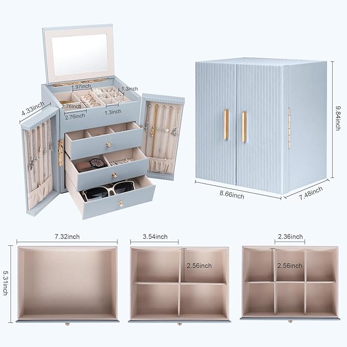Dajasan Large Jewelry Organizer Box with Mirror, Jewelry Storage Organizer with 3 Drawers, 4-Tier Jewelry Gift Box for Women, Girls, Friends, Wife or Mother, Gift Idea (Smoky Blue)