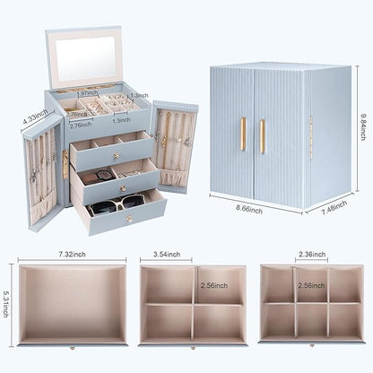 Dajasan Large Jewelry Organizer Box with Mirror, Jewelry Storage Organizer with 3 Drawers, 4-Tier Jewelry Gift Box for Women, Girls, Friends, Wife or Mother, Gift Idea (Smoky Blue)