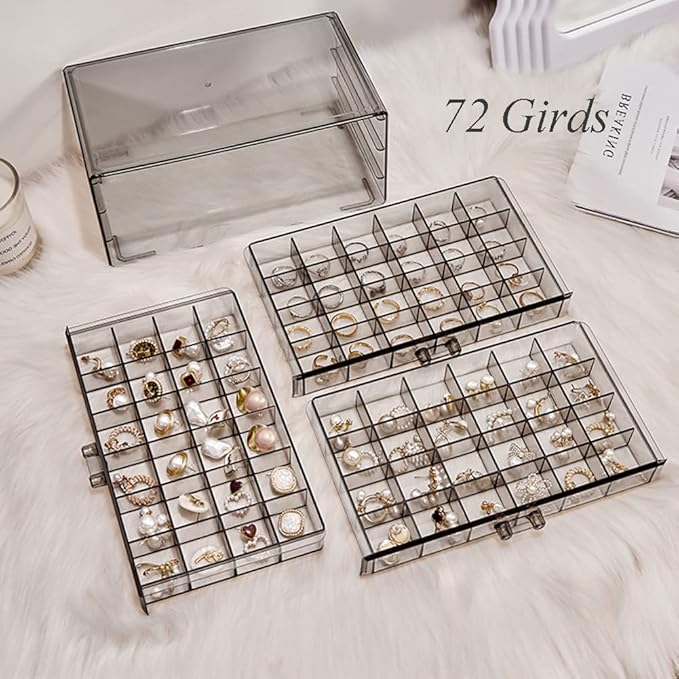YUFONG Earring Storage Box Organizer 3 Drawers Acrylic Jewelry Storage Box Holder Transparent Jewelry Display Stand with 72 Small Compartments Gift for Women Girls (Clear Black)