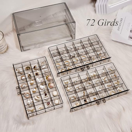 YUFONG Earring Storage Box Organizer 3 Drawers Acrylic Jewelry Storage Box Holder Transparent Jewelry Display Stand with 72 Small Compartments Gift for Women Girls (Clear Black)