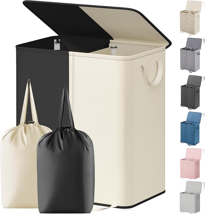 Lifewit Double Laundry Hamper with Lid and Removable Laundry Bags, Large Collapsible 2 Dividers Dirty Clothes Basket with Handles for Bedroom Laundry Room Closet Bathroom College, 155L White&Black