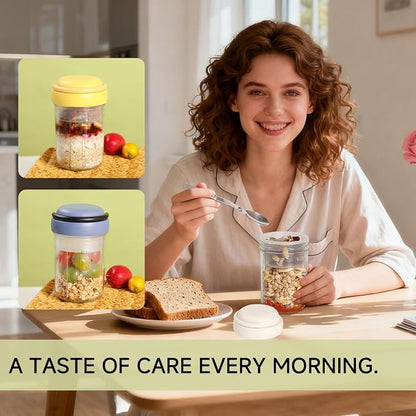 Overnight Oats Containers with Handles & Lids – 16oz Glass Mason Jars with Spoons & Fruit Compartments, Meal Prep Breakfast Jars, 2 Sets (Cream, Purple)