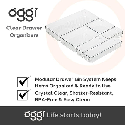 Oggi Clear Drawer Organizer - 6" X 15" - Ideal for Organizing Kitchen Drawers, Office, Desk, Silverware, Kitchen Utensils, Cosmetics and Bathrooms (Pack of 2)