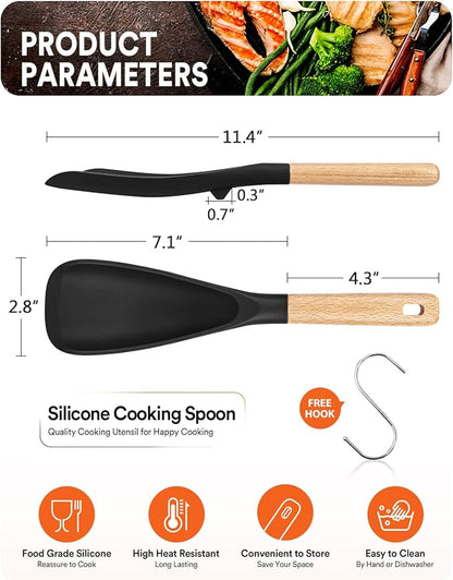 Cooking Spoon for Nonstick Cookwares, Great for Cooking and Serving Sturdy BPA-Free Matte Silicone, Wood Handle Spoon for Mixing, Scoop, and Scrape (BLACK, 11.4 inch)