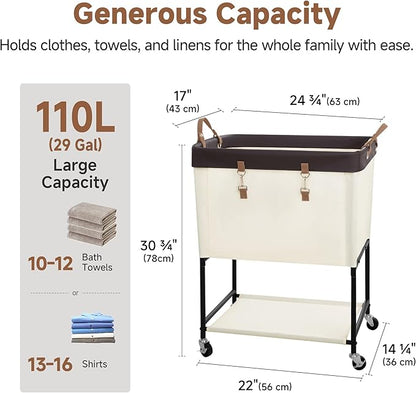 StorageWorks Laundry Cart, 2 Tier Rolling Laundry Basket, Heavy Duty Laundry Basket with Lockable Wheels, Laundry Room Organization and Storage, Clothes Hamper for Bedroom, Dorm, Closet, 29Gal, Beige