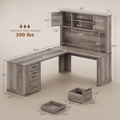 Itaar Farmhouse Executive L Shaped Desk, Home Office Desk with File Drawer and Power Outlet, Computer Corner Desk with Hutch and Drawer, Workstation for Office Home, Grey