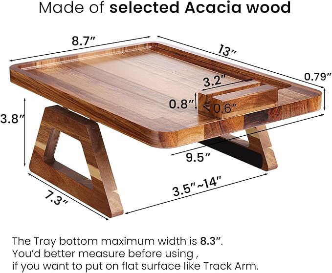Acacia Wood Couch Arm Tray with 360°Phone Holder,Folding Sofa Armrest Tray,Couch Arm Table Clip-On Couch Desk for Drinks,Snacks,Phone,Remote Control