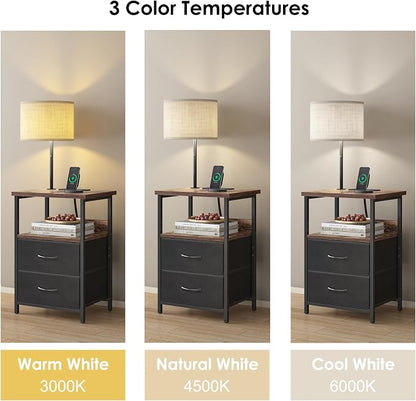 Fixwal Bedside Table with 3 Color Temperature Reading Light, Nightstand with LED Light & Charging Station End Table with Adjustable Fabric Drawer for Bedroom, Dorm, Rustic Brown