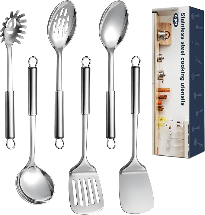 6 Pcs Cooking Utensils Set, Stainless Steel Kitchen Utensils, Heat Resistant Metal Kitchen Tools Include Solid & Slotted Turner Wok Spatula, Serving Spoon, Ladle, Pasta Server, Easy to Clean, Silver