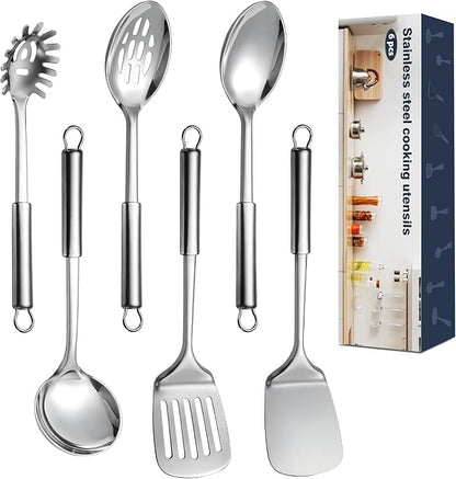6 Pcs Cooking Utensils Set, Stainless Steel Kitchen Utensils, Heat Resistant Metal Kitchen Tools Include Solid & Slotted Turner Wok Spatula, Serving Spoon, Ladle, Pasta Server, Easy to Clean, Silver