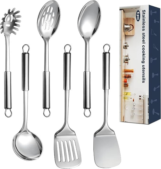 6 Pcs Cooking Utensils Set, Stainless Steel Kitchen Utensils, Heat Resistant Metal Kitchen Tools Include Solid & Slotted Turner Wok Spatula, Serving Spoon, Ladle, Pasta Server, Easy to Clean, Silver