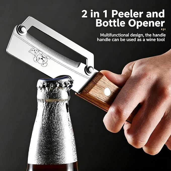 2-in-1 Vegetable Peeler with Built-in Bottle Opener, Sharp Stainless Steel Potato & Fruit Peeler, Ergonomic Wooden Handle Kitchen Gadget for Home, BBQ, Camping