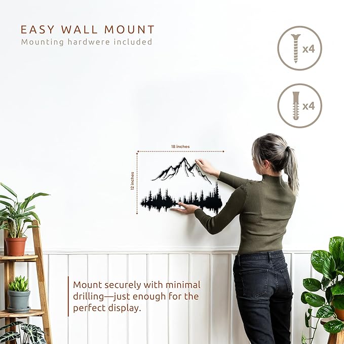 Wita Home Mountain and Forest Metal Wall Art, Wall Mounted Nature Home Decor, Pine Trees with Lake Reflection Wall Art for Living Room, Bedroom or Office, Large Outdoor Wall Decor, Nature Christmas Decor (Black Mountain-Black Forest, 18x12 inches)