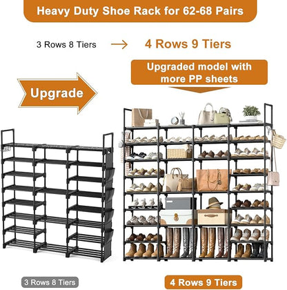 WOWLIVE 4 Row 9 Tiers Extra Large Shoe Rack 68-72 Pairs Big Tall Metal Shoe Shelf, Heavy Duty Organizer for Closet Entryway, Boot Rack Storage Stackable Stand for Garage Black