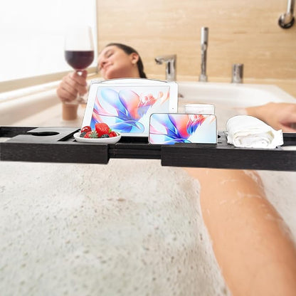Utoplike Bamboo Bathtub Tray Caddy, Black Bath Tray Table for Tub, Adjustable Bathroom Organizer with Book Tablet Wine Glass Cup Towel Holder