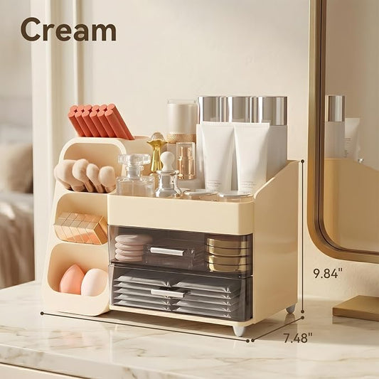 Brothersbox Makeup Organizer with Brush Holder for Vanity, Large Countertop Skincare Storage with 2 Drawers, Holds Lipsticks, Nail Polishes, Perfumes, Brushes - Gift for Women, Cream