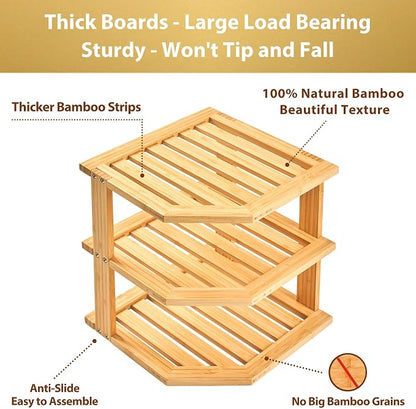 Umilife Plate Organizer for Cabinet, Extra Tall Bamboo Corner Shelf, Dish & Bread Organizer, Spice Rack, Kitchen Bathroom Countertop Storage Organization Space Saver