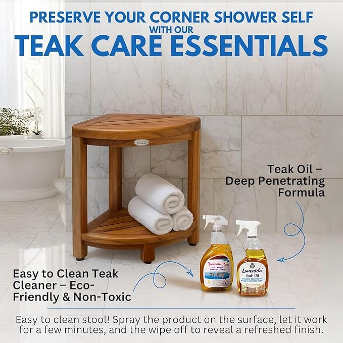 EcoDecors Fully Assembled SnazzyCorner® 18" Teak Shower Bench, Corner Shower Stool, w Shelf in Earthy Teak Finish, Compact Fit for Small Bathrooms & Walk-in Showers – Slip-Resistant Feet, Sauna Bench