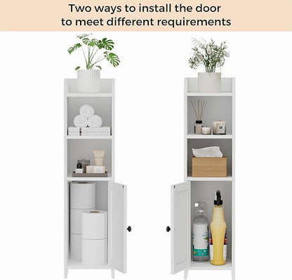 Homhedy Small Bathroom Storage Corner Floor Cabinet with Door and Shelves, Beside The Toilet Paper Stand for Skinny, Narrow Toilet Paper Cabinet, 9.8" D x 7.9" W x 31" H, White