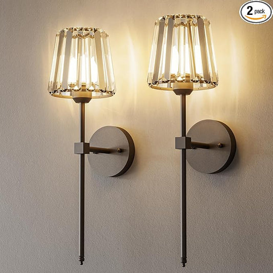 Crystal Battery Operated Wall Sconces Set of 2, Black Rechargeable Wireless Wall Sconce Lights with Crystal Lampshade, 12 RGB and 3CCT Dimmable Wall Lamps with Remote for Bedroom Living Room Hallway