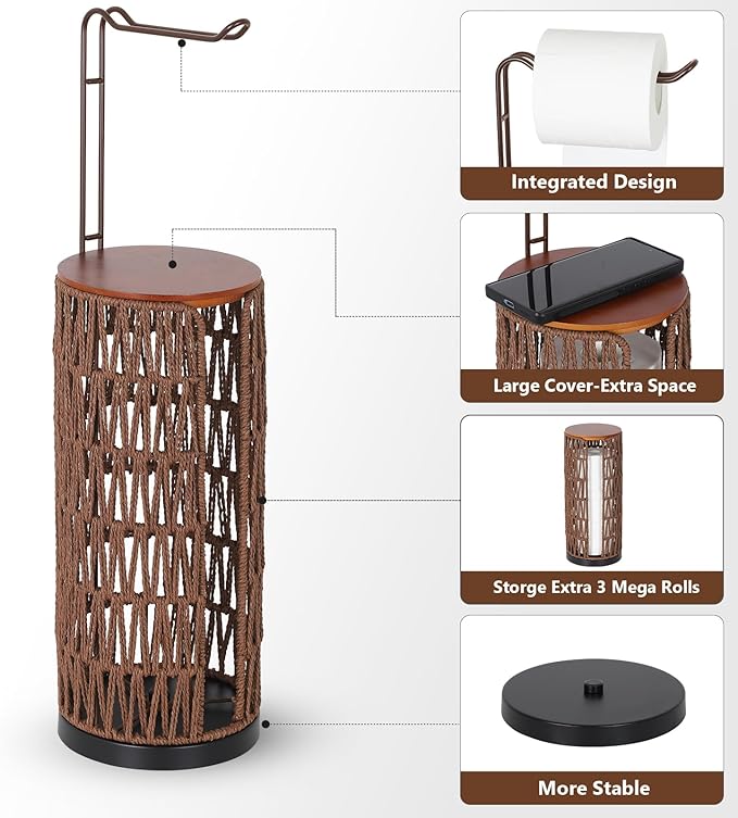 Trongee Freestanding Toilet Paper Holder with Storage,3 Rolls of Rattan Tissue Holder for Bathroom,Woven Toilet Paper Roll Holder Stand,Boho Bathroom Decor Farmhouse Toilet Paper Storage-Deep Brown