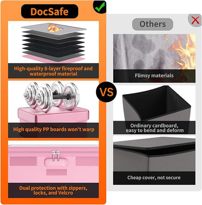DocSafe 5200°F Fireproof Document Box with Lock,Heat Insulated File Organizer Storage with Pockets,Collapsible Portable Home Office File Safe Box with Handle for Hanging Letter/Legal Folders, Pink