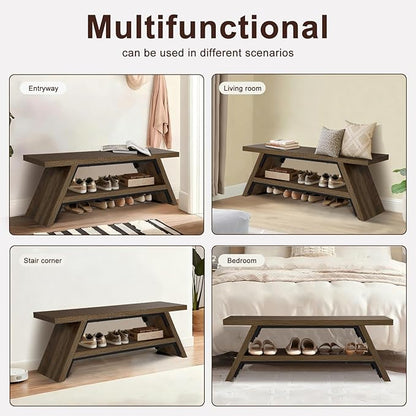 2-Tier Shoe Bench,Solid Wood Shoe Storage Bench,Modern Narrow Bench for Entryway, Kitchen, Bedroom, Dining（Brown）