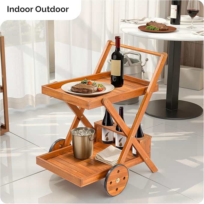 VINGLI 2-Tier Acacia Wood Bar Cart, Rolling Bar Carts with Wheels, Kitchen Serving Tea Cart for Plant Stand Indoor and Outdoor