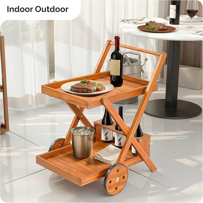 VINGLI 2-Tier Acacia Wood Bar Cart, Rolling Bar Carts with Wheels, Kitchen Serving Tea Cart for Plant Stand Indoor and Outdoor