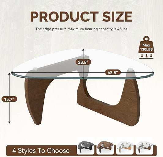 Modern Glass Coffee Table, Triangle Center Table with Tempered Glass Top& Unique Wooden Base, 42.5” Mid Century Tea Tables for Living Room, Apartment, Office,Walnut &Transparent