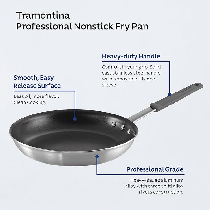 Tramontina Professional 12-Inch Non Stick Large Frying Pan, Heavy-Gauge Aluminum Skillet with Reinforced Nonstick Coating, Gray Handle, Dishwasher and Oven Safe