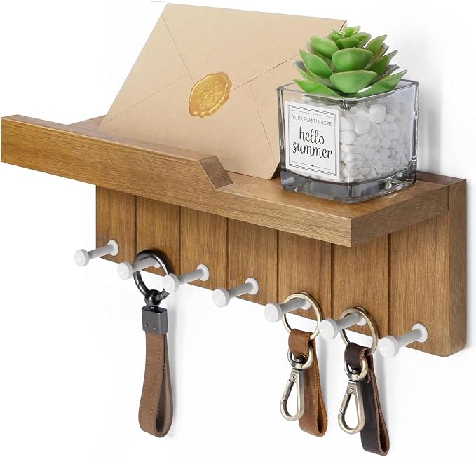 Rebee Vision Decorative Key Holder Wall Mount - Modern Farmhouse Key and Mail Holder for Wall with 7 Hooks and Floating Shelf - The Perfect Apartment Essentials in Your Home Decor (Light Brown)