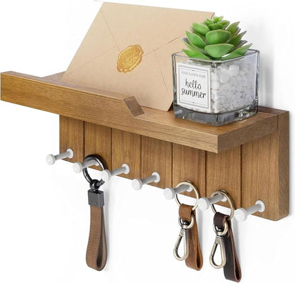 Rebee Vision Decorative Key Holder Wall Mount - Modern Farmhouse Key and Mail Holder for Wall with 7 Hooks and Floating Shelf - The Perfect Apartment Essentials in Your Home Decor (Light Brown)