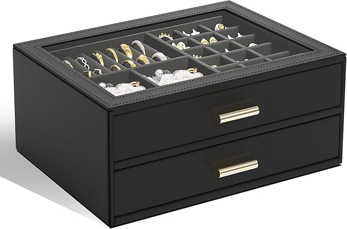 AKOZLIN Jewelry Box with Clear Lid Functional Leather Jewelry Storage Organizer Case 2 Drawers for Women Girls Necklace Ring Bracelet Earring