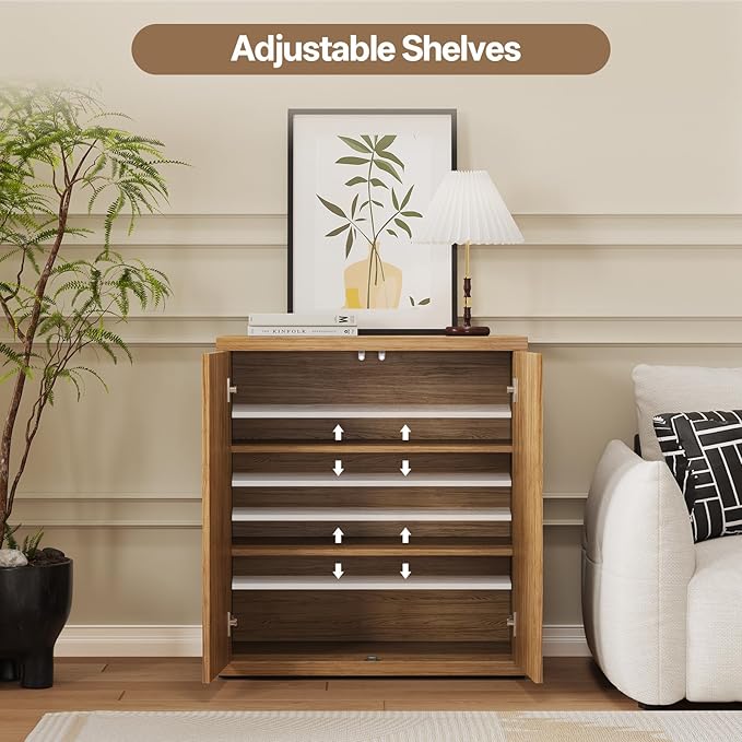 31” Sideboard Cabinet with Storage, Fluted Accent Cabinet with Adjustable Shelves, Modern Wood Credenza Cabinets with Pop-up Doors for Entryway Kitchen Living Room Hallway, Oak 3pcs