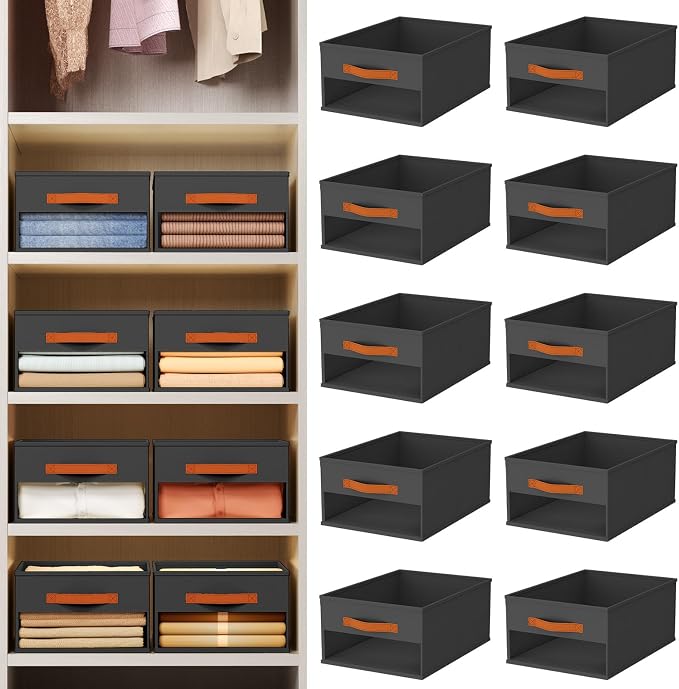 Homsorout Drawer Organizers and Storage - 10 Pack Foldable Pants Organizer with Clear Window & Handles, Fabric Closet Organizer for Clothes, Jeans, Sweaters, Towels, T-shirt, Scarf (Black)