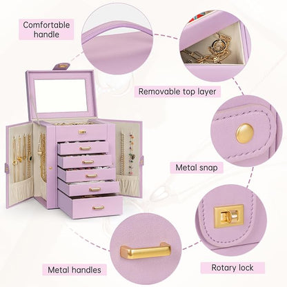 AKOZLIN 6-Tier Jewelry Box Organizer Functional 5 Drawers Leather Jewelry Storage Case for Women Girls Ring Necklace Earring Bracelet Holder Organizer with Mirror Light Purple Regular