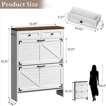 Shoe Cabinet with Odor Control Deodorizer and Back Panel, Farmhouse Narrow Shoe Storage Cabinet Rack for Entryway with 2 Flip Drawers and 2 Top Drawers, Adjustable Shelves, Side Hooks