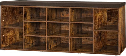 DINZI LVJ Shoe Storage Bench with Cushion, 13-Cubby Shoe Rack, Adjustable Shelves, Multifunctional Shoe Organizer Bench for Entryway, Mudroom, Hallway, Living Room, Bedroom and Garage, Rustic Brown