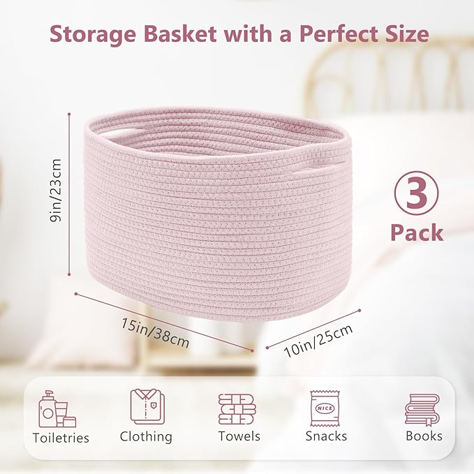 Cotton Rope Storage Basket, 15x10x9 Inches, Woven Basket for Shelves, Clothes, Towels, Books, and Laundry, Light Pink (3 Pack)