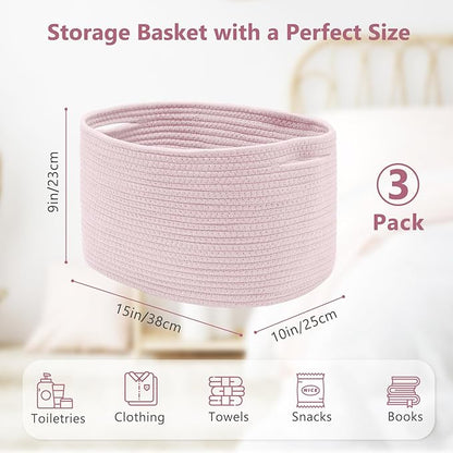Cotton Rope Storage Basket, 15x10x9 Inches, Woven Basket for Shelves, Clothes, Towels, Books, and Laundry, Light Pink (3 Pack)