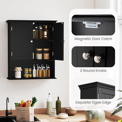 Tangkula Bathroom Wall Cabinet, Wooden Hanging Storage Cabinet with Doors & Shelves, Multipurpose Storage Cabinet for Restroom Kitchen Living Room, Wall Mounted Bathroom Medicine Cabinet (Black)