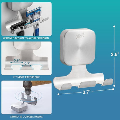 TAILI Powerful Suction Cup Razor Holder 2 Pack, Stylish 304 Stainless Steel Bathroom Suction Hooks for Towel, Loofah, Bathrobe, Shaver Holder for Shower Wall, Easy to Install and Reuse, Silver