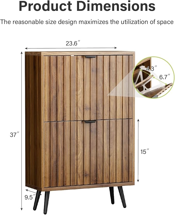 Fluted Shoe Storage for Entryway, Walnut Hidden Cabinet with Metal Legs, Organizer with Flip Doors, Slim Entryway Storage