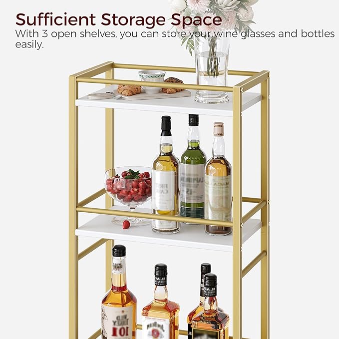 Bar Cart for The Home, 3-Tier Drink Cart on Wheels, Home Bar Serving Cart, Mini Bar Cart for Small Space, Rolling Kitchen Carts for Bar, Kitchen, Dining Room, Gold RCJW4001