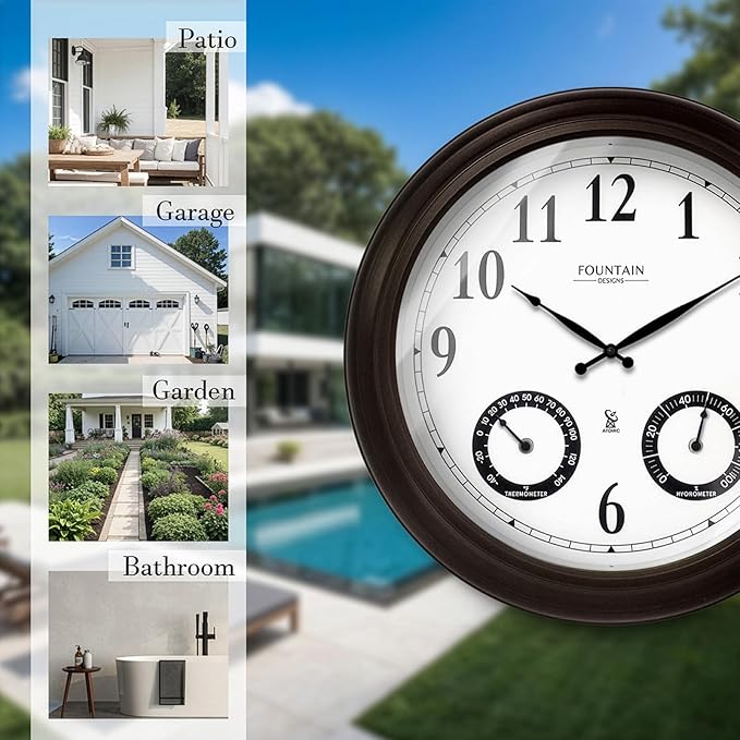 20" Evander Large Outdoor Atomic Wall Clock with Temperature & Humidity, Waterproof Outdoor Clock Thermometer Combo for Patio, Pool and Garden Decor,Oil Rubbed Bronze Black